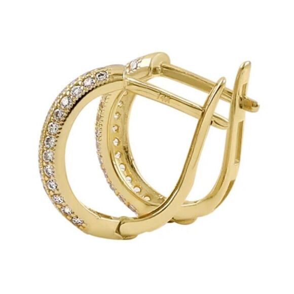 New Solid 14K Yellow Gold Triple CZ Row Hoop Earrings - Picture 2 of 6